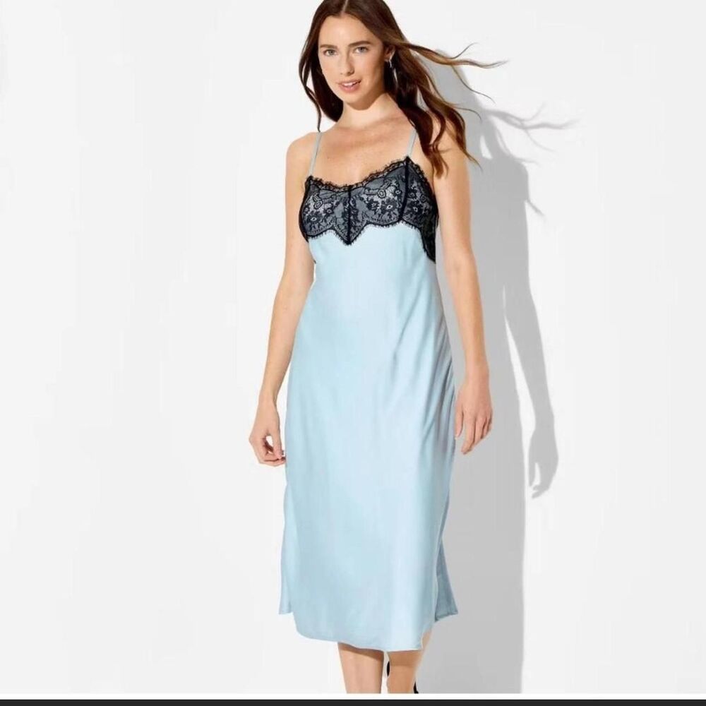 Wild Fable Light Blue Lace Trim Slip Dress Lingerie Style Midi Cami Size XXS